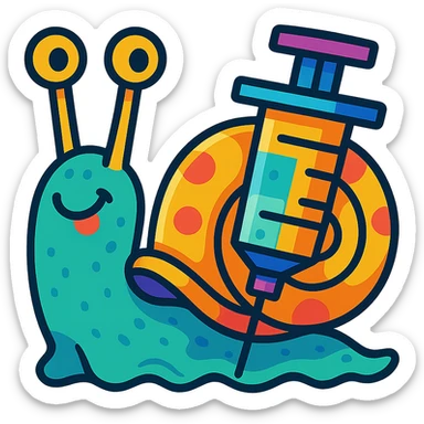 a creative and whimsical snail with a syringe as its shell, vibrant toon style, playful and colorful sticker