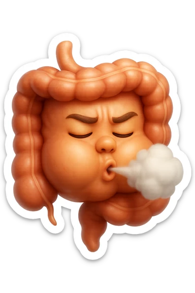emoji stile iphone di un intestino che ingoia una nuvoletta di aria ben visibile e gli si gonfia la pancia, non fargli il naso, iperrealistico 4k sticker