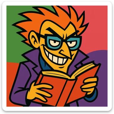 A smart, nerdy villain with wild hair, thick glasses, and a devious smile, holding a book and looking both clever and slightly pervy, with a vicious edge, vibrant toon style. sticker