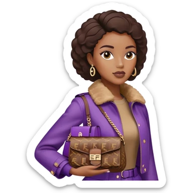 Beautiful black woman wearing a brown monogram Fendi jacket and carrying a purple Fendi baguette bag. I want the image to start at her head and end at the waist sticker
