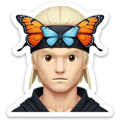 Crea un emoji con estos dos emoji 🥷🏻🦋
él ninja de piel blanca con la mariposa posada en cabeza como si estuviera volando. sticker