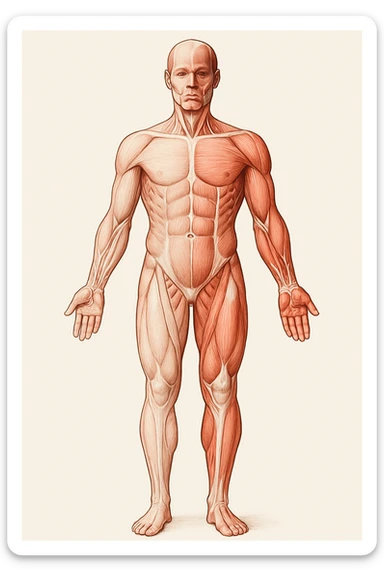 Anatomical style illustration showing a human body with muscles less developed on one side due to asymmetries, highlighting the muscular difference between the two sides, variant 4. sticker