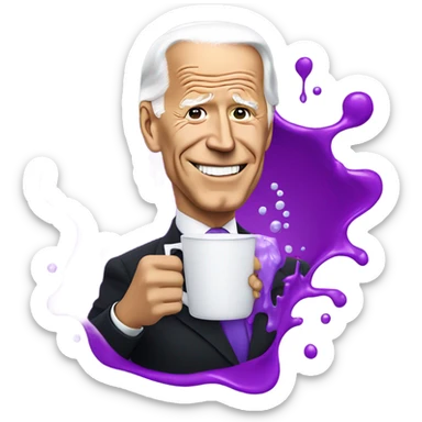 biden with purple liquid spilling out of white cup sticker