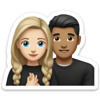 dark Blonde girl with blue eyes in black sweater and an east asian with light skin man with black hair and black eyes hugging sticker