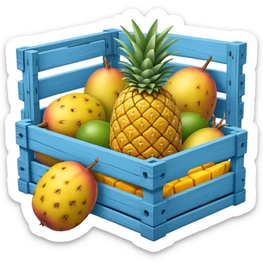 pineapples, mango and passion fruit in a blue crate sticker