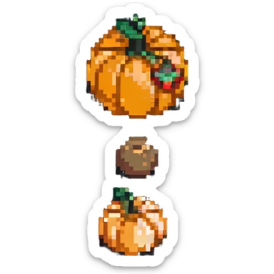 heart with a small mushroom on the left and a pumpkin on the right, vibrant colors, pixel art style sticker
