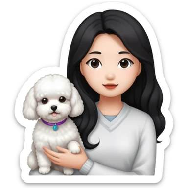 Asian girl with dark, long hair and a bichon sticker