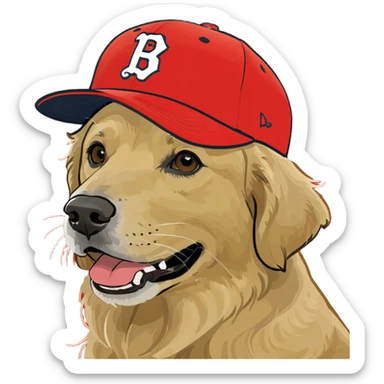 Golden Retriever with red baseball cap with his name , FRED sticker