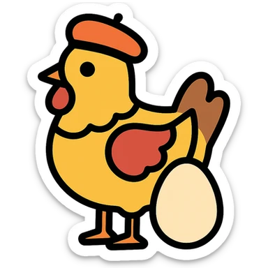 a chicken with a beret and an egg, colorful outlined icon style sticker