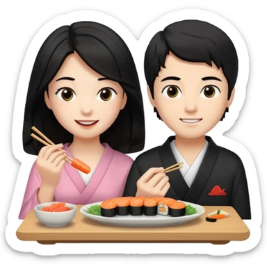 czarnowłosa ksieżniczka w dlugich wlosach je sushi z chłopakiem o czarno brązowych włosach i są zadowoleni i są nastolatkami i te włosy są lekko krecone i chłopak ma włosy do wysokosi nad brwiami sticker