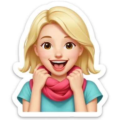 bright and playful girl with her hands wrapped around her own neck, laughing, tongue out sticker