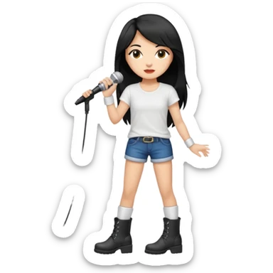 Crie uma cantora morena charmosa de shortes top e bota com microfone branca e cabelo preto sticker