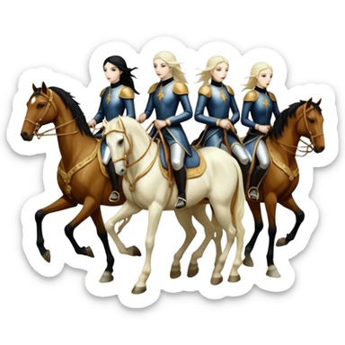 aesthetic brilliant radiant divine lighting, oil paint - ivory Four thin identical women as horsemen of the Apocalypse, after a graphic by Albrecht Dürer in a desolate landscape sticker