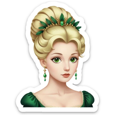 lady with Pale complexion, sharp features, high cheekbones, Blonde hair, green eyes, Regency-era elaborate updo, voluminous hairstyle, feathered ornaments sticker