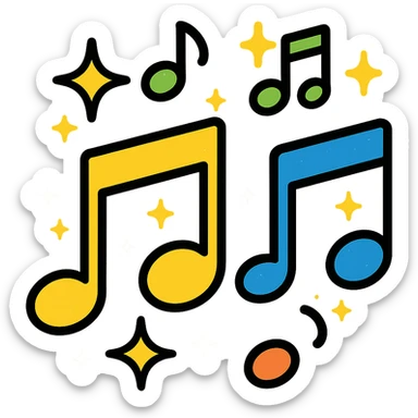 Add sparkling effects to the colorful music notes, keep the lineal color icon style with black outlines, vibrant and playful. sticker