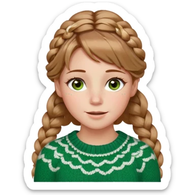 light brown hair blonde hair hazel/green eyes woman with a white cable knit sweater and one braid down her back  with tendrils of hair flowing down her face and she is happy pale, some freckles, blush. she has a cateye wing and long lashes sticker