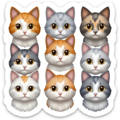 6 realistic looking cats with different natural coloured coats, assorted grey and white, greys, calico, brown and white colours etc
 sticker