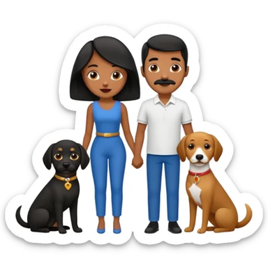 Pareja de novios, pelo negro ambos, y con dos perritos pincher en brazos, el hombre sin bigote y la mujer con pelo largo sticker