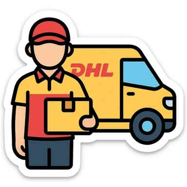 DHL delivery person in red and yellow uniform standing next to a DHL van, icon style sticker