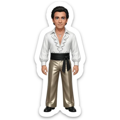 Oliver Reed with blue eyes, black hair, white metallic ruffle shirt, black obi belt, taupe metallic wide leg pants, silver necklace sticker