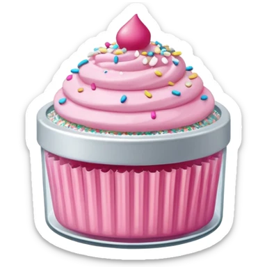 silver glitter in a small clear circular container with white lid, can of sprinkles, and pink cupcakes  sticker