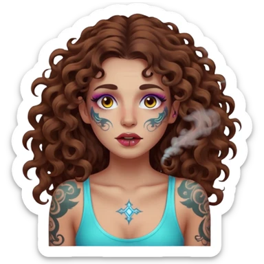 woman with long curly brown hair, brown eyes, white skin, tattoos, neon fog coming from her breath sticker