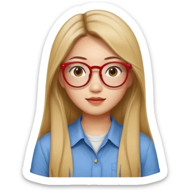 20 yr old asian woman, straight thick long brown hair, blond at tips of dark brown hair, center part to hair, big red glasses, brown eyes, casual shirt sticker