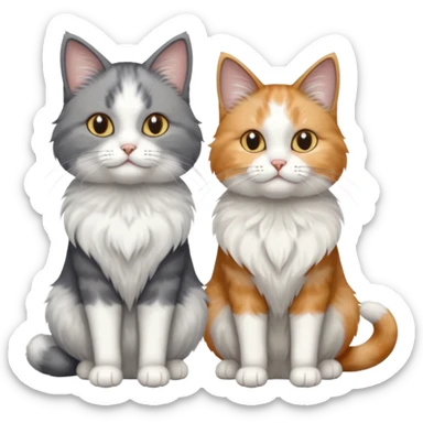 a realistic looking very fluffy grey and white cat with grey legs and white paws, sitting next to another cat sticker