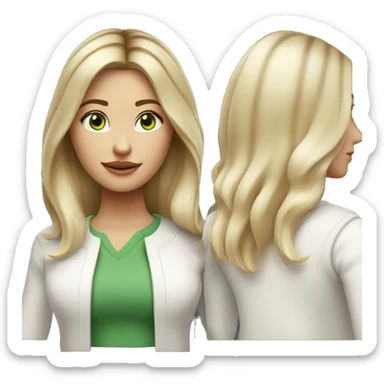 blonde balayage hair woman, shoulder length straight hair, green eyes, white cardigan sticker
