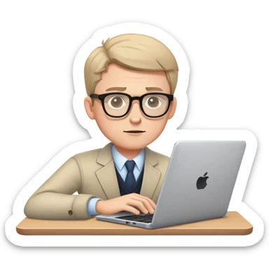 white male journalist typing on a laptop, wearing glasses, focused expression sticker
