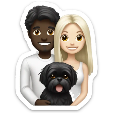 White blonde long-haired girl, white brunette boy carrying happy, black Shih Tzu sticker