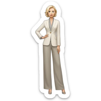 Full height Actively gesturing with hands pale skin woman with ash blonde Straightened bob Hair, White Spacious classical jacket, beige palazzo Arrow pants and gray blouse sticker