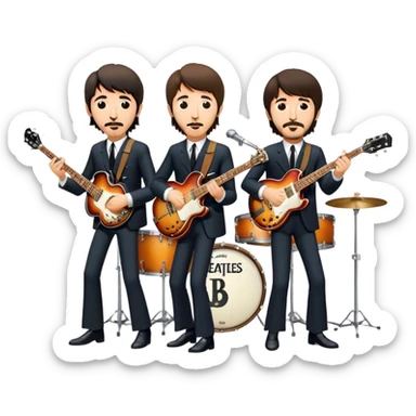 Rock music icon: The Beatles performing live on stage. John Lennon with guitar, Paul McCartney with bass, George Harrison with guitar, Ringo Starr on drums. Bright lights, energetic performance. Transparent background. sticker