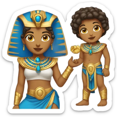 Egyptian female pharaon playing with a baby, tanned skin, golden blue costume sticker