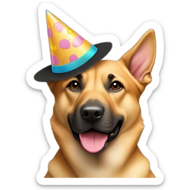 German shepherd tan Pitt bull mixed dog wearing birthday hat sticker