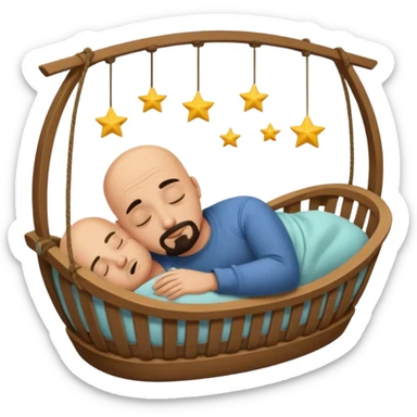 a bald, tan man who has a black goatee sleeping in a cradle sticker