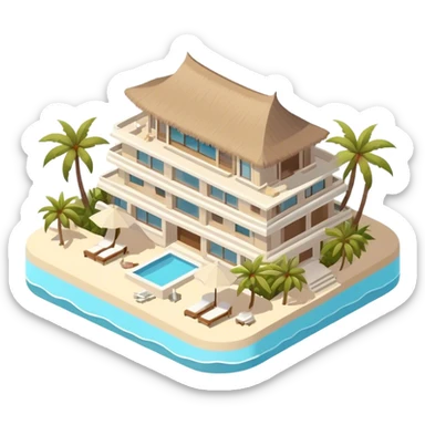 White and beige luxury beachfront resort hotel in bora bora, isometric exterior sticker