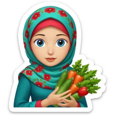 Turkish beautiful finish Konya girl blue eyes with floral hijab and green red dress and she had on her hand vegetables  sticker