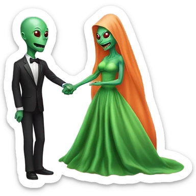 alien reptilian green skin woman, long slim pastel orange formal party satin dress with gradient shiny sparkling dark red, and caucasian man in black dres on his knees asks her to marry her sticker