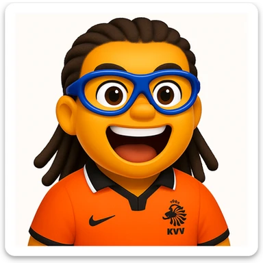 Make this footballer even more in the style of Apple emojis, with an exaggerated round face, simplified features, bright colors, signature dreadlocks, sports goggles, and an orange football jersey. Capture an energetic expression in the Apple emoji style. sticker