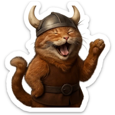 Make this laughing red viking cat more realistic with detailed fur and natural cat features. The cat should have a realistic horned helmet, remain red, and be laughing. Remove the background. sticker