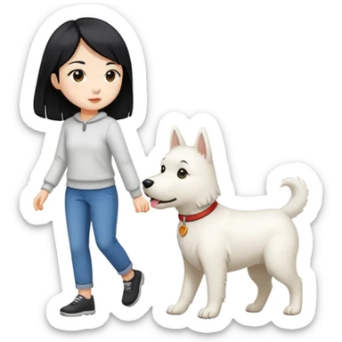 white dog walking with owner (Asian girl with straight black hair) sticker