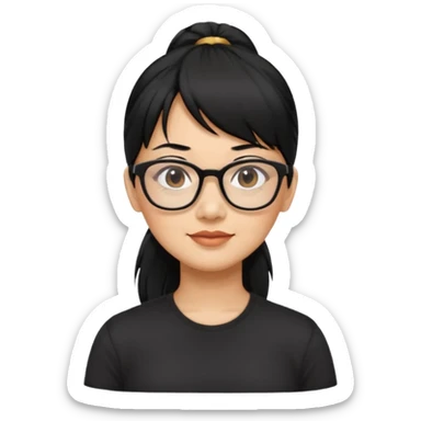 filipino woman black hair in one pony tail with straight bangs and big glasses, 50 yr old sticker