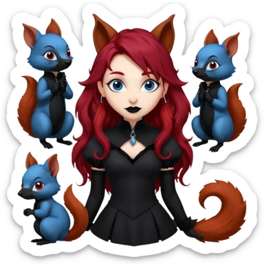  long curly red hair (darker), red pointed ears with black trim, black goth outfits, body and face human, blue eyes, more pointy chin, black lipstick, one big fluffy red squirrel tail with black tips, like the attached photo with more outfits and poses,  sticker