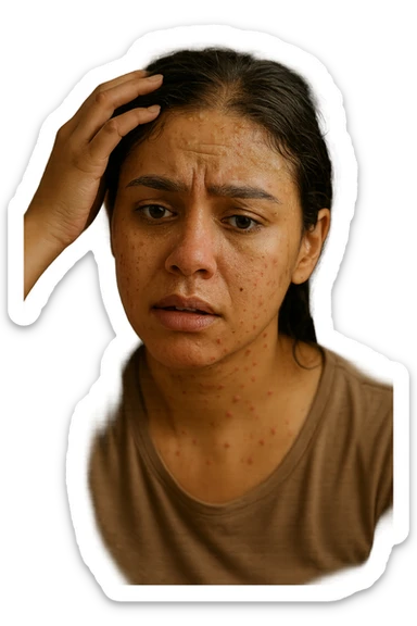 A highly realistic, cinematic close-up portrait of a young woman in her late 20s with medium skin tone, displaying visible folliculitis and seborrheic dermatitis. Small, red, inflamed follicular papules and pustules are scattered along her hairline, jawline, and upper neck, indicating folliculitis. Her scalp and areas around the nose and eyebrows show flaky, greasy yellowish scales, with redness and irritation, indicating seborrheic dermatitis. Her hair appears slightly greasy and clumps near the scalp, emphasizing excess sebum production. She gently touches her irritated scalp with concern while looking at herself in a softly lit bathroom mirror, expressing discomfort and frustration. The environment is neutral and clean, with daylight softly illuminating the scene to highlight the skin and scalp texture. The style is 35mm hyperrealistic, with warm neutral tones and shallow depth of field to maintain focus on her skin, inflammation, and emotional expression, visually explaining the physical discomfort and aesthetic concerns of living with folliculitis and seborrheic dermatitis sticker