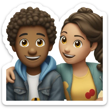 smiling friends indoors together with mickey mouse sticker