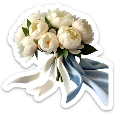 A lush bouquet of full-bloom white and pale blue peonies rests gently atop a flowing powder blue silk cloth. The petals, kissed with a subtle pearl sheen, seem to glow under the soft morning light. A delicate ivory ribbon, loosely tied in an effortless bow, drapes over the bouquet, its edges curling with natural grace. The silk background shimmers with movement, enhancing the dreamy elegance of the composition.
 sticker