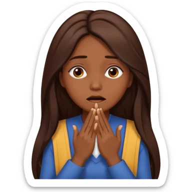 Create an emoji of an attractive chocolate brown woman with long middle part layered hair, turning her head to the side with her hands covering her mouth as if she’s hiding in embarrassment  sticker