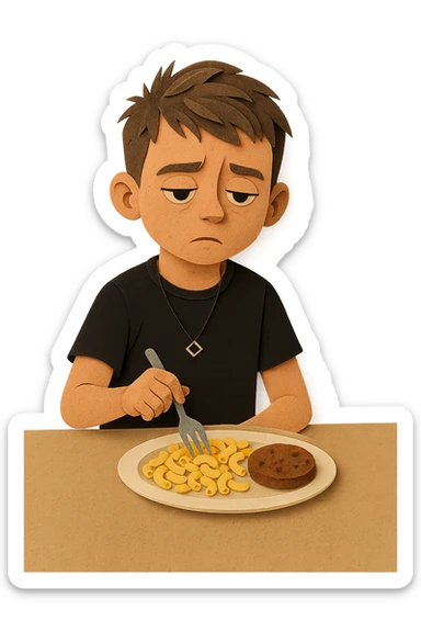 A stylized 3D child version of the person in the reference photo, around 6 years old, is sitting at a table. He looks bored, staring at a plate of macaroni and a meat patty, absentmindedly poking the macaroni with a fork. Keep the pose relaxed and the expression subtly disinterested. The style should be semi-realistic 3D, soft lighting, clean detail sticker