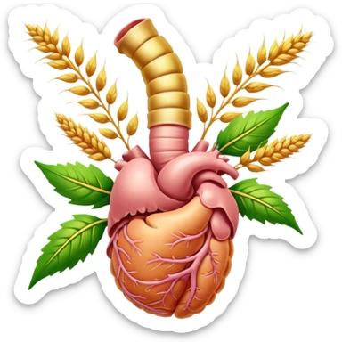 Human digestive system with esophagus, stomach, intestines, and colon, surrounded by golden wheat ears and green leaves, with glowing healing particles flowing through the digestive tract sticker
